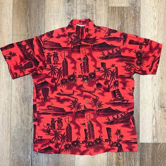 Vintage 1960s Loop Collar Hawaiian Camp Shirt L Gold Buttons Made In Hawaii Red - Picture 1 of 9
